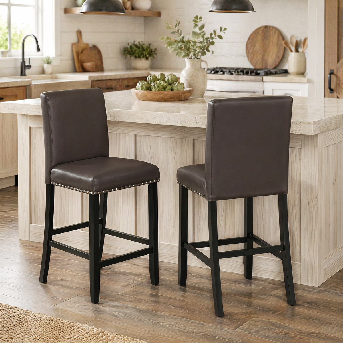 Set of 2 Bar Stools with Back for Kitchen Island-Brown