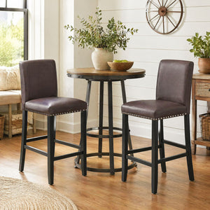 Set of 2 Bar Stools with Back for Kitchen Island-Brown