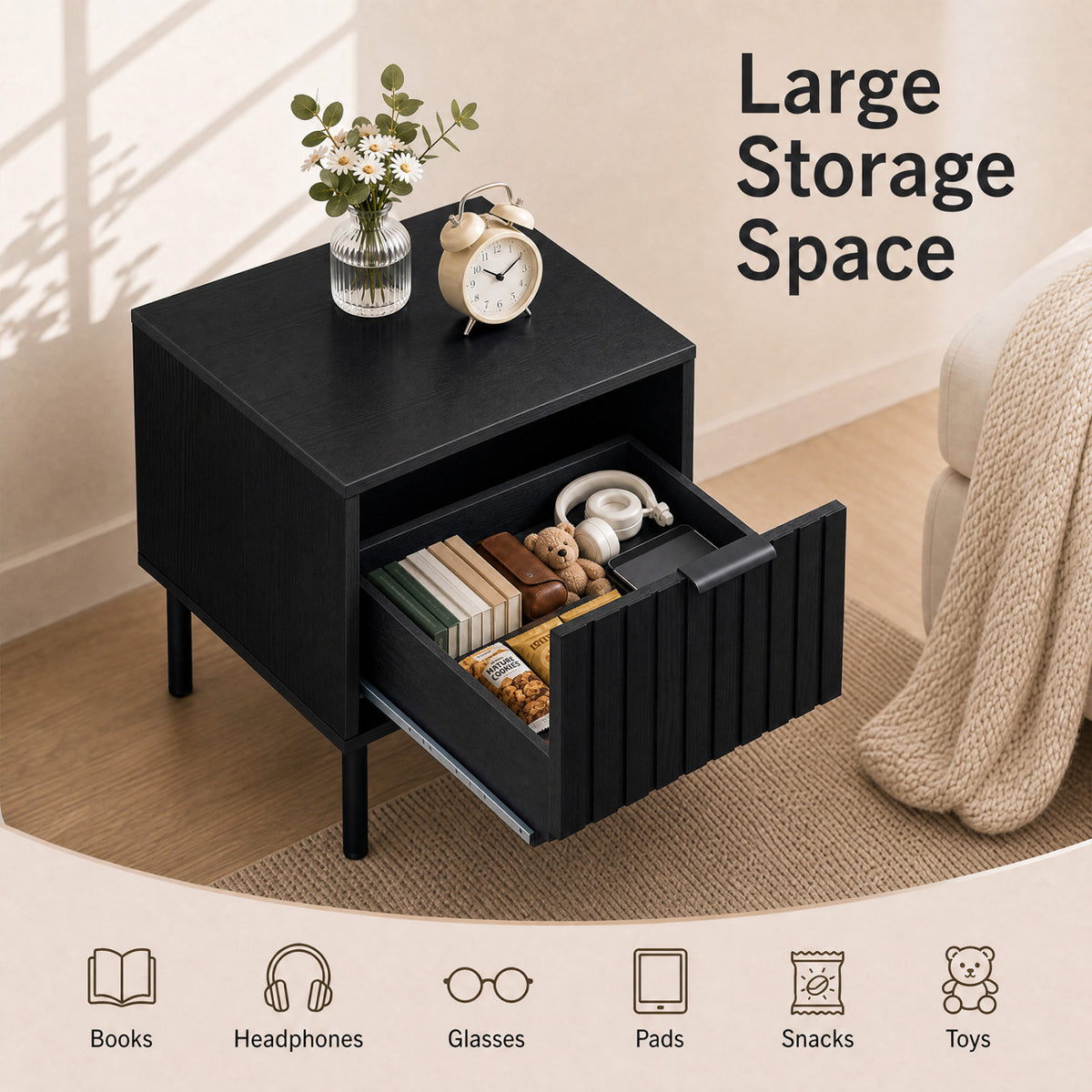 Set of 2 Black Modern Nightstand with Vertical-Striped Storage Drawer-Black