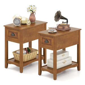 Set of 2 Contemporary Side End Table with Drawer -Natural