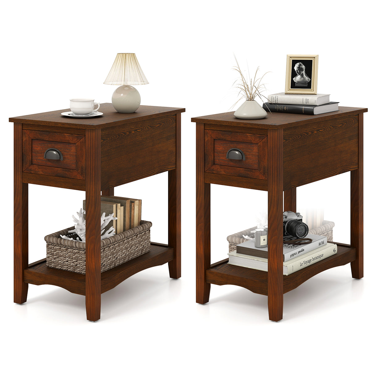 Set of 2 Contemporary Side End Table with Drawer-Walnut