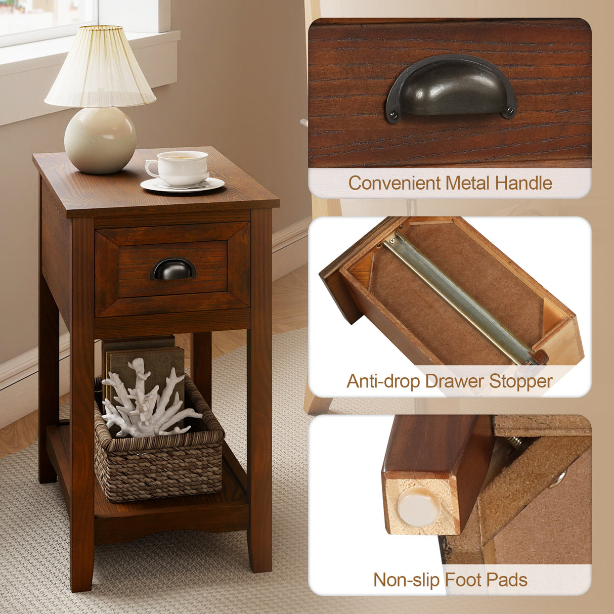 Set of 2 Contemporary Side End Table with Drawer-Walnut