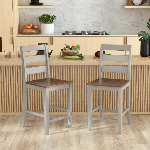 Set of 2 Counter Bar Stool with Inclined Backrest and Footrest-Gray