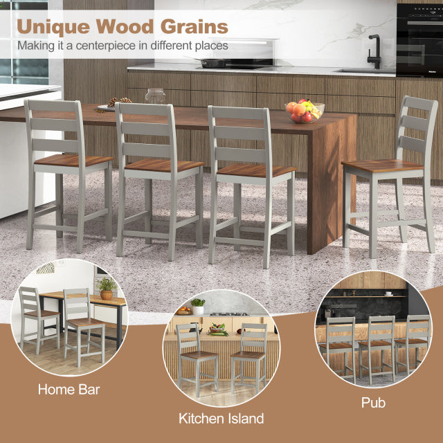 Set of 2 Counter Bar Stool with Inclined Backrest and Footrest-Gray