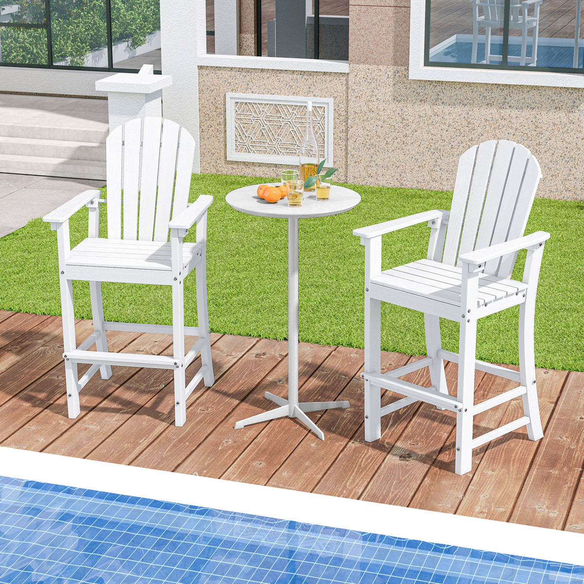 Set of 2 Counter Height Outdoor HDPE Bar Stool with Armrests and Footrest-White