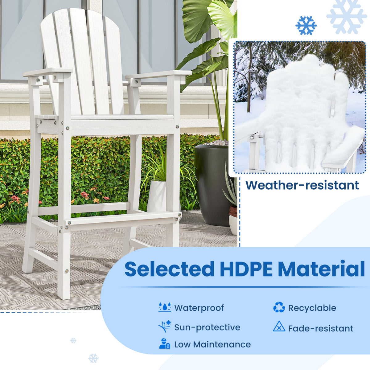 Set of 2 Counter Height Outdoor HDPE Bar Stool with Armrests and Footrest-White
