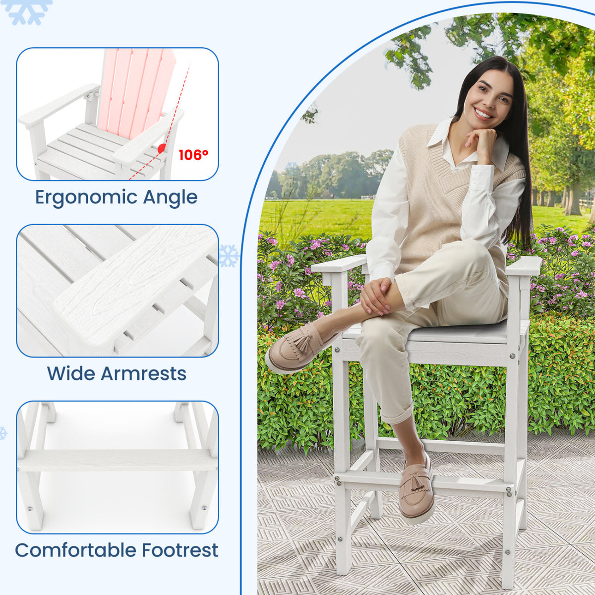 Set of 2 Counter Height Outdoor HDPE Bar Stool with Armrests and Footrest-White
