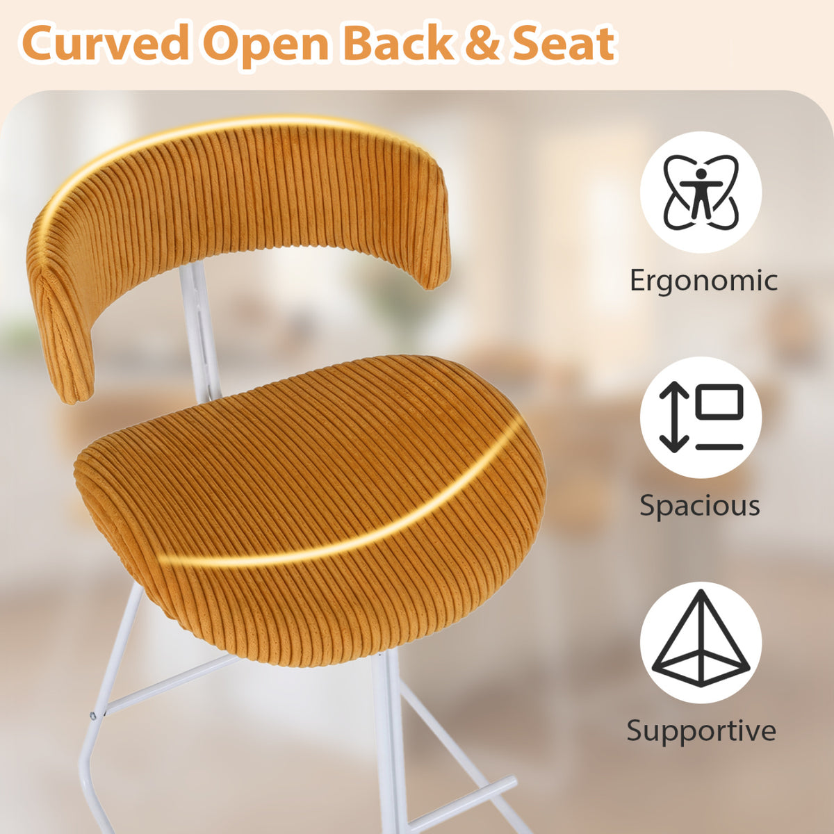 Set of 2 Counter Height Stools 25 Inch Armless Barstools with Padded Seat and Footrest-Orange