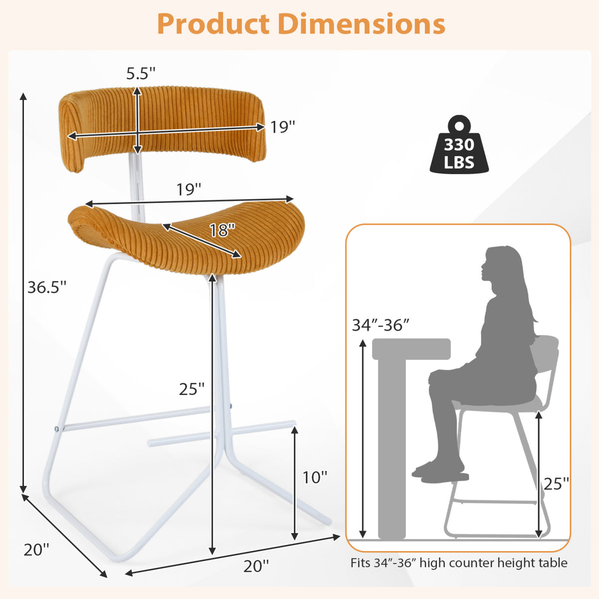 Set of 2 Counter Height Stools 25 Inch Armless Barstools with Padded Seat and Footrest-Orange