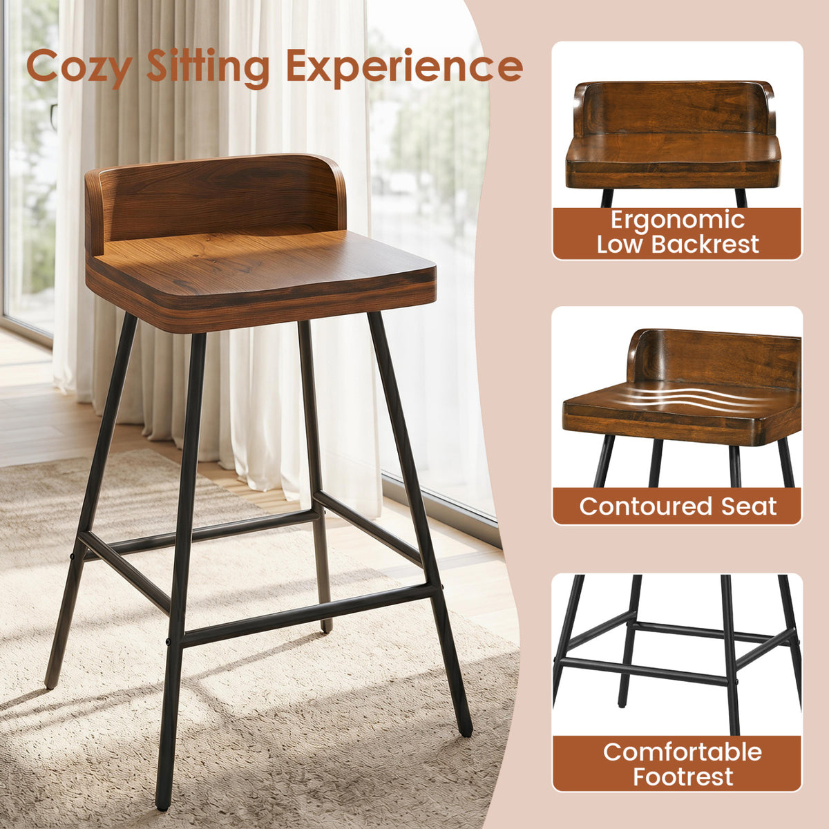 Set of 2 Counter Height Bar Stool with Low Back Metal Legs and Footrest for Kitchen Island-Brown