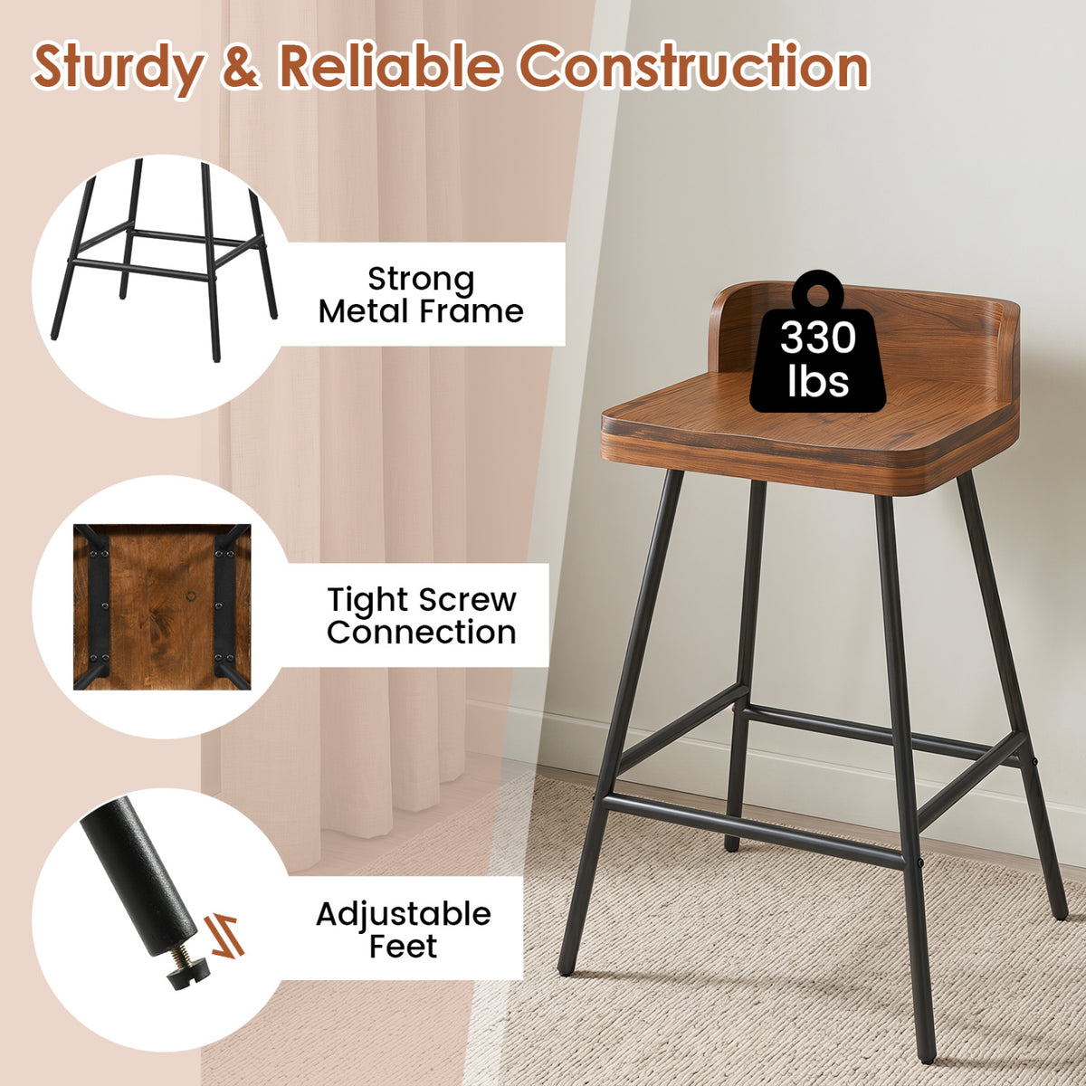 Set of 2 Counter Height Bar Stool with Low Back Metal Legs and Footrest for Kitchen Island-Brown