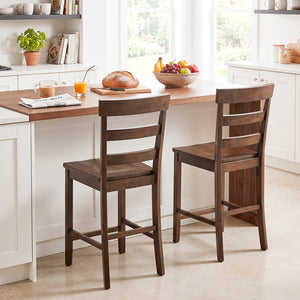 Set of 2 Counter Height Bar Stools with Rubber Wood Frame for Home Dining Room-Brown