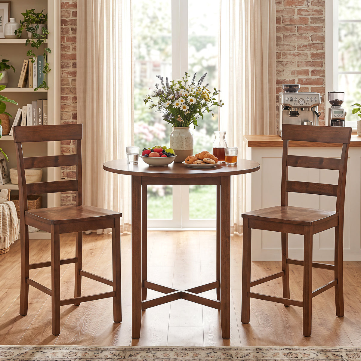 Set of 2 Counter Height Bar Stools with Rubber Wood Frame for Home Dining Room-Brown