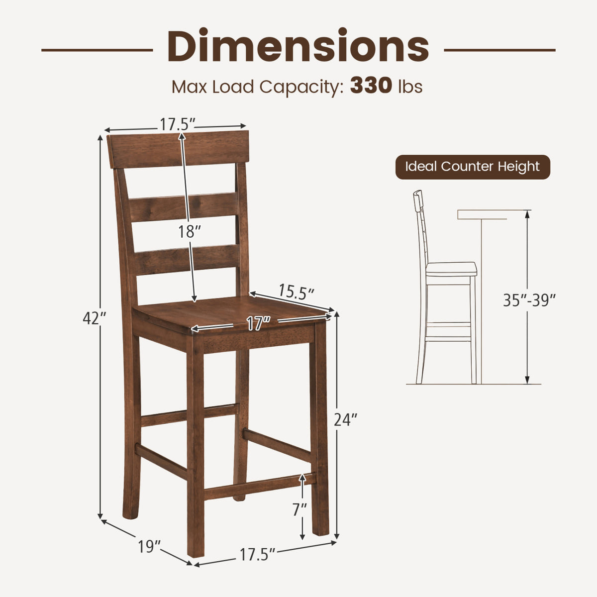 Set of 2 Counter Height Bar Stools with Rubber Wood Frame for Home Dining Room-Brown
