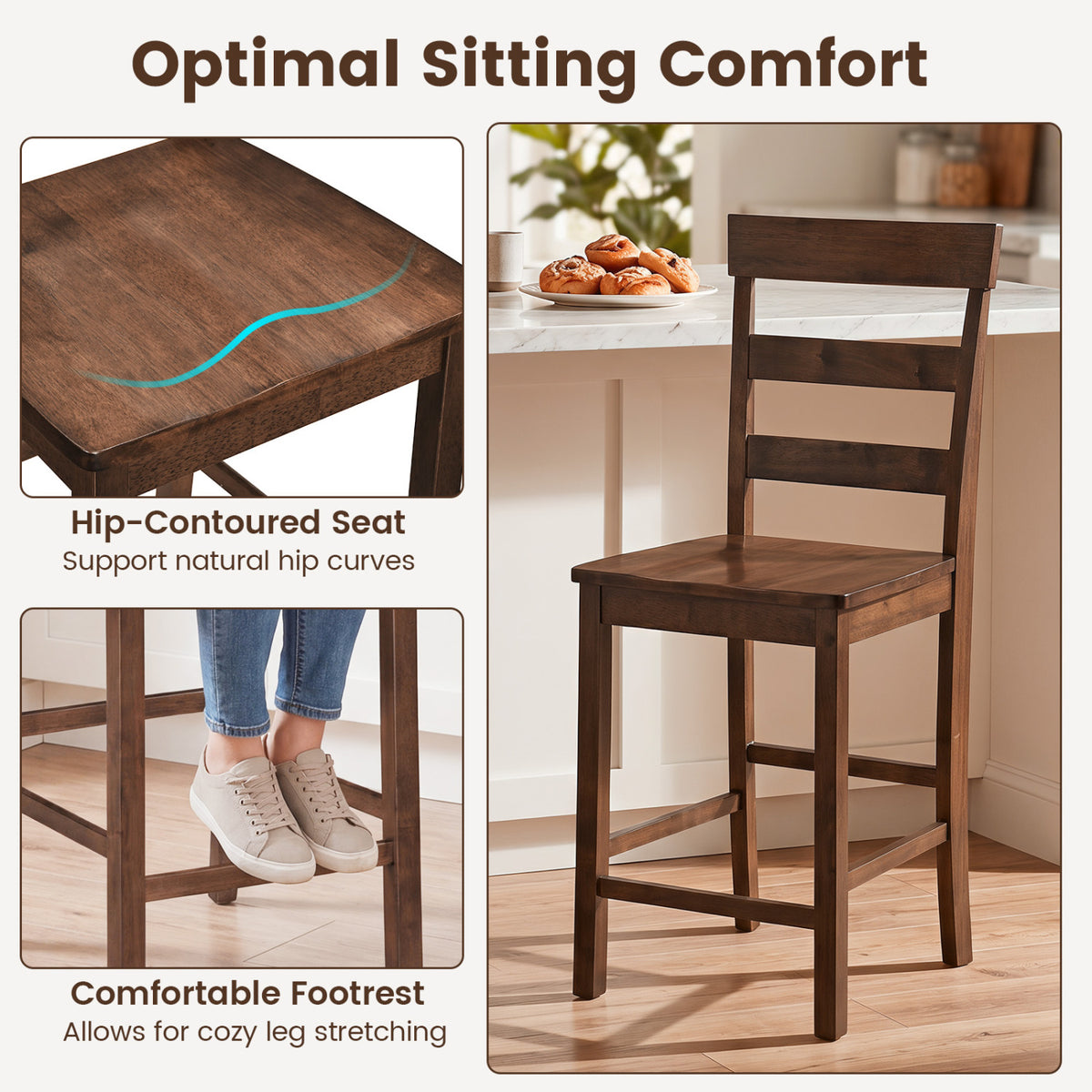Set of 2 Counter Height Bar Stools with Rubber Wood Frame for Home Dining Room-Brown