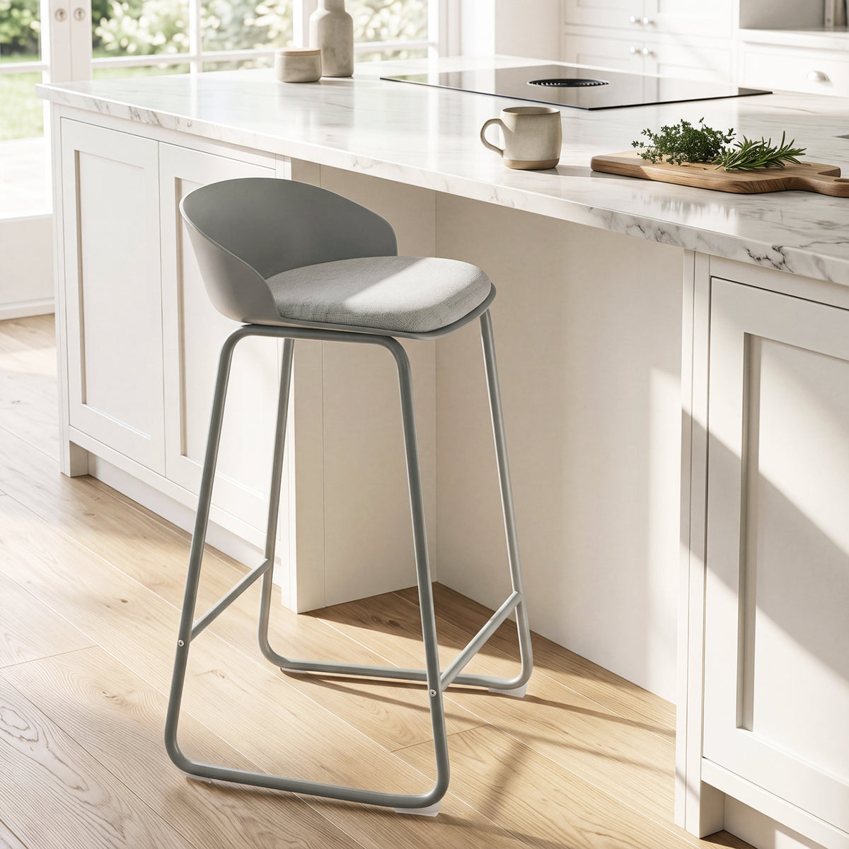 Set of 2 Counter Height Bar Stools with Curved Backrest and Metal Frame for Kitchen Dining-Gray
