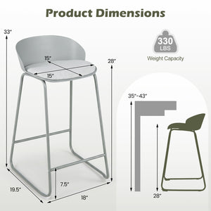 Set of 2 Counter Height Bar Stools with Curved Backrest and Metal Frame for Kitchen Dining-Gray