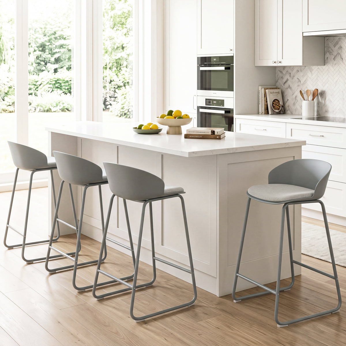 Set of 2 Counter Height Bar Stools with Curved Backrest and Metal Frame for Kitchen Dining-Gray