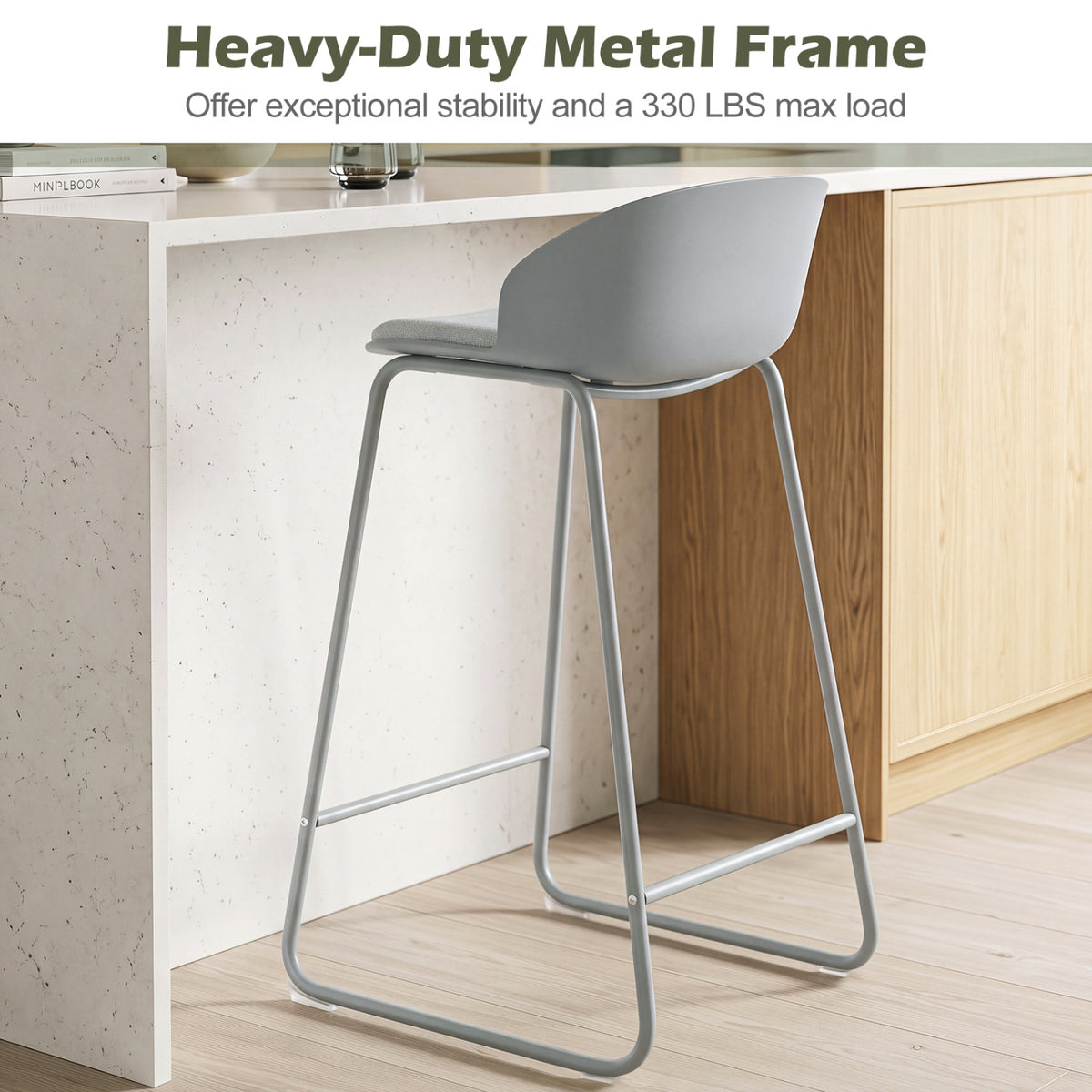 Set of 2 Counter Height Bar Stools with Curved Backrest and Metal Frame for Kitchen Dining-Gray