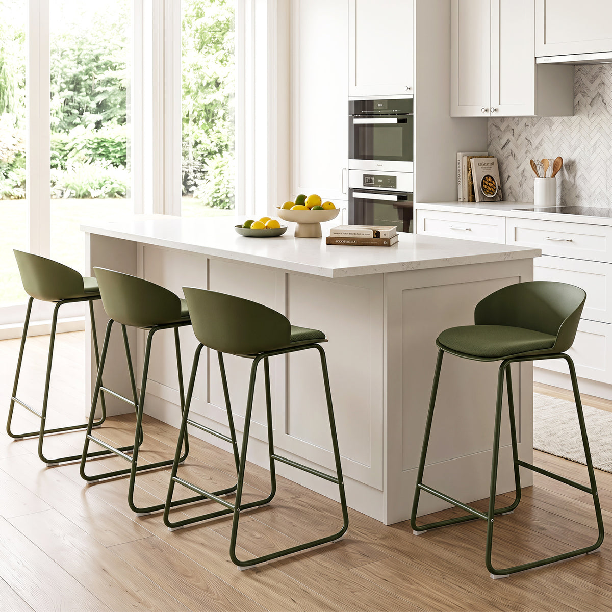 Set of 2 Counter Height Bar Stools with Curved Backrest and Metal Frame for Kitchen Dining-Green