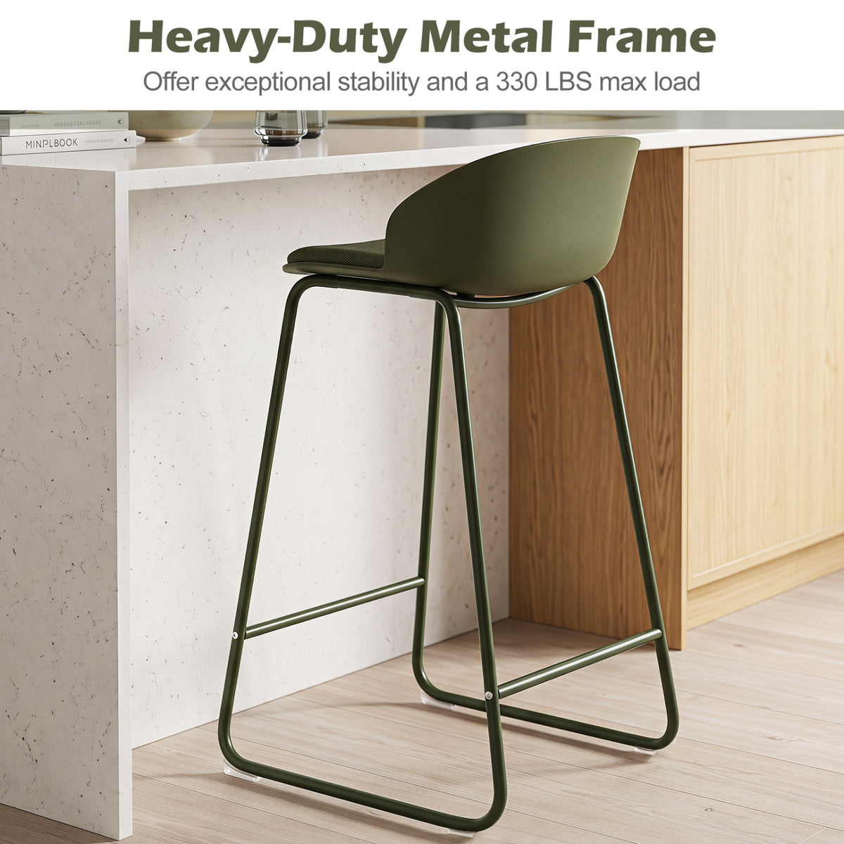 Set of 2 Counter Height Bar Stools with Curved Backrest and Metal Frame for Kitchen Dining-Green
