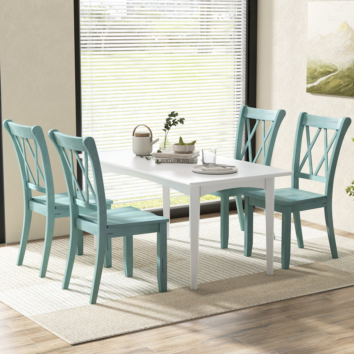 Set of 2 Cross Back Rubber Wood Dining Chairs-Green