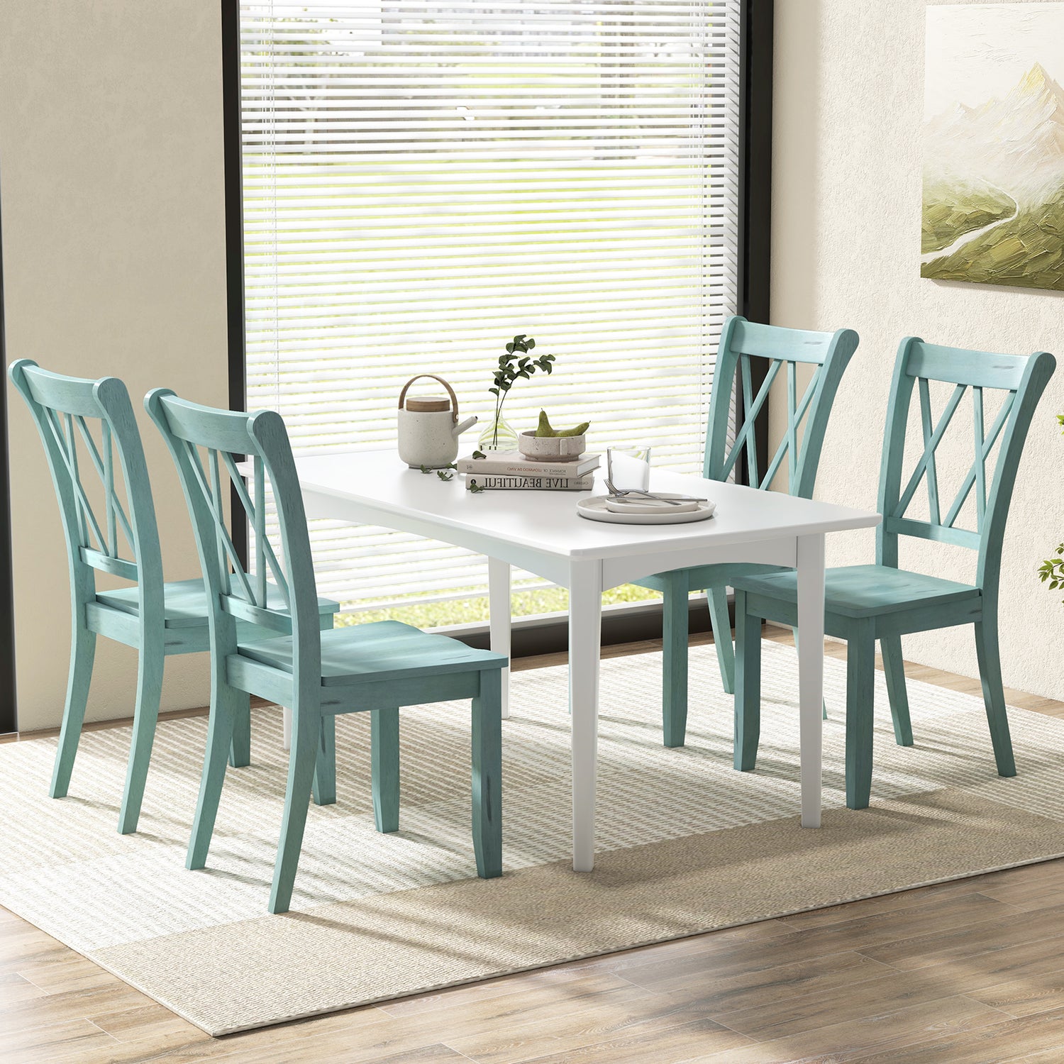 Set of 2 Cross Back Rubber Wood Dining Chairs-Green