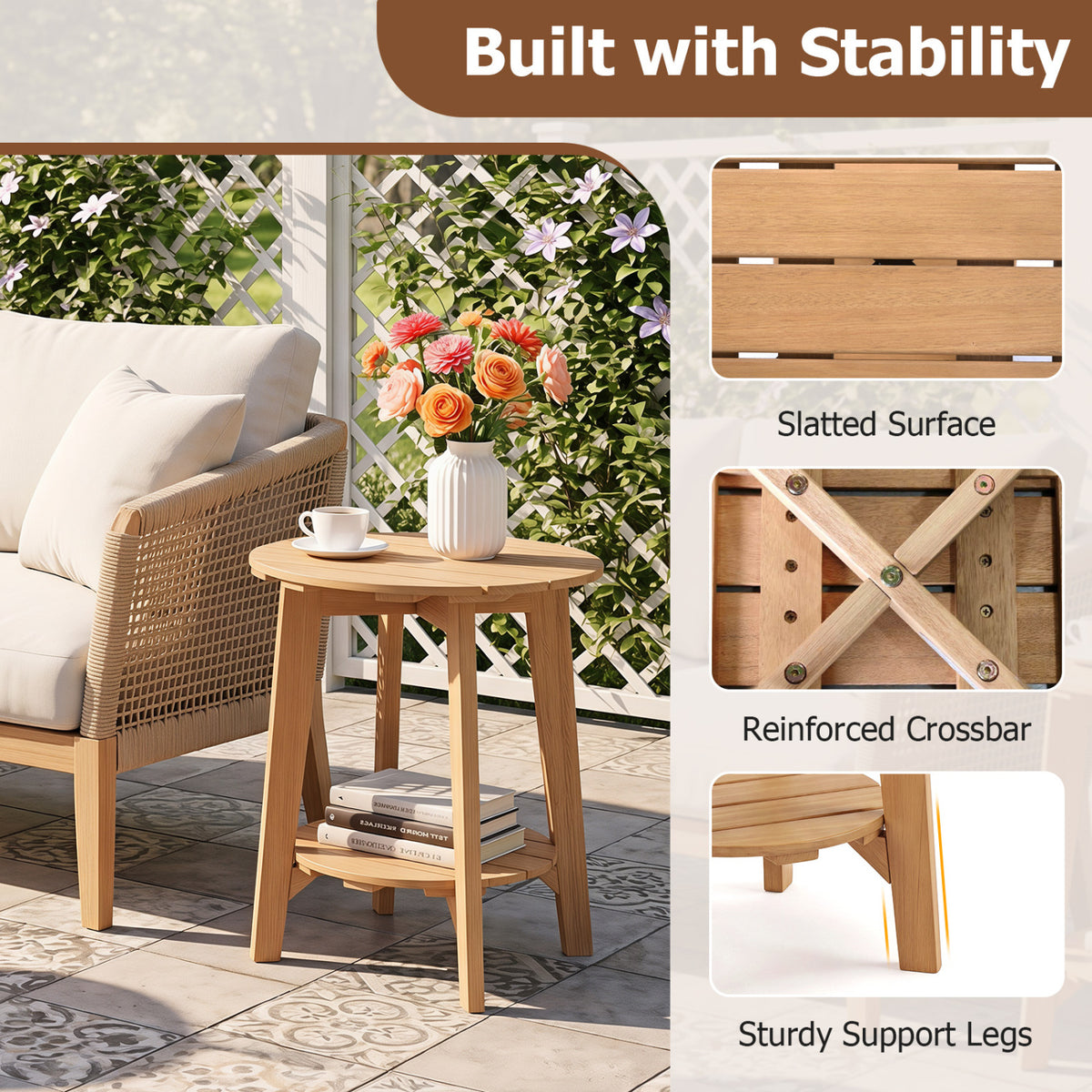 Set of 2 Eucalyptus Wood Side Table 2-Tier with Slatted Tabletop and Storage Shelf for Outdoor-Natural