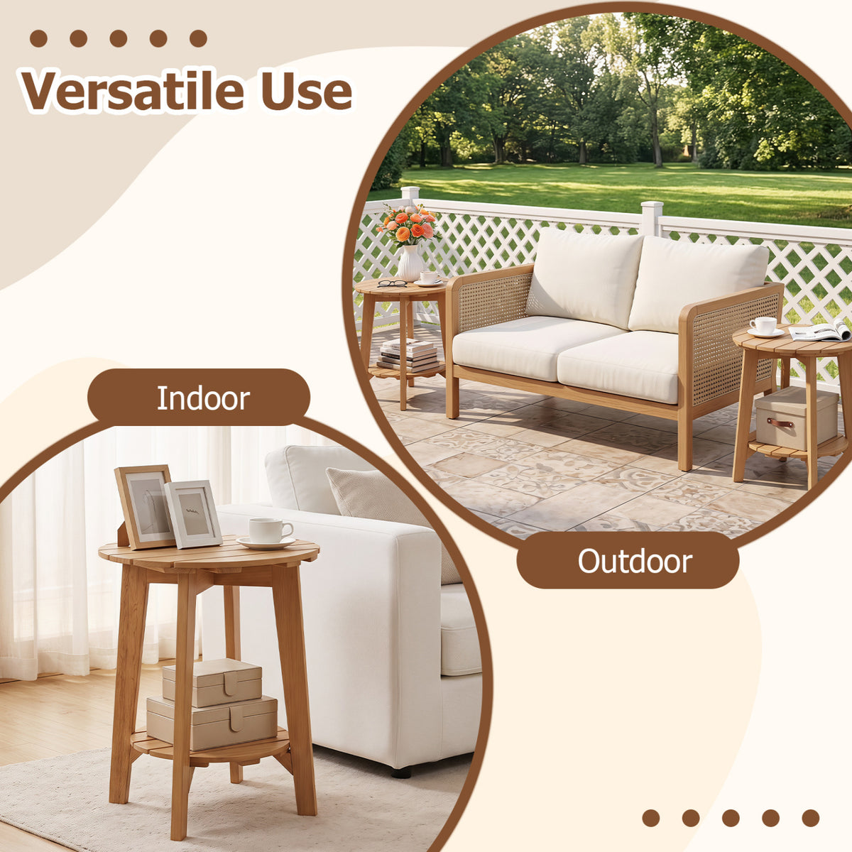 Set of 2 Eucalyptus Wood Side Table 2-Tier with Slatted Tabletop and Storage Shelf for Outdoor-Natural