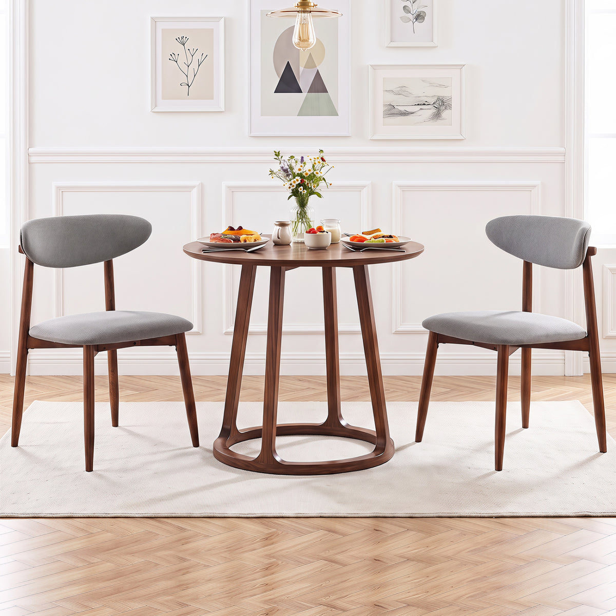 Set of 2 Fabric Upholstered Dining Chairs with Curved Backs-Gray