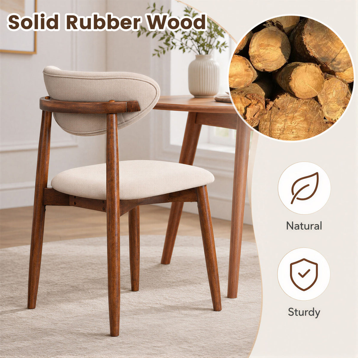 Set of 2 Fabric Upholstered Dining Chairs with Curved Backs-Beige