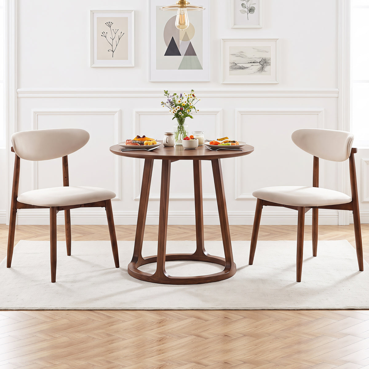 Set of 2 Fabric Upholstered Dining Chairs with Curved Backs-Beige