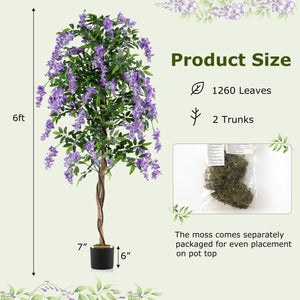 Set of 2 Fake Ficus Plant 6 FT Artificial Wisteria Tree with Natural Trunks and Purple Lifelike Flowers