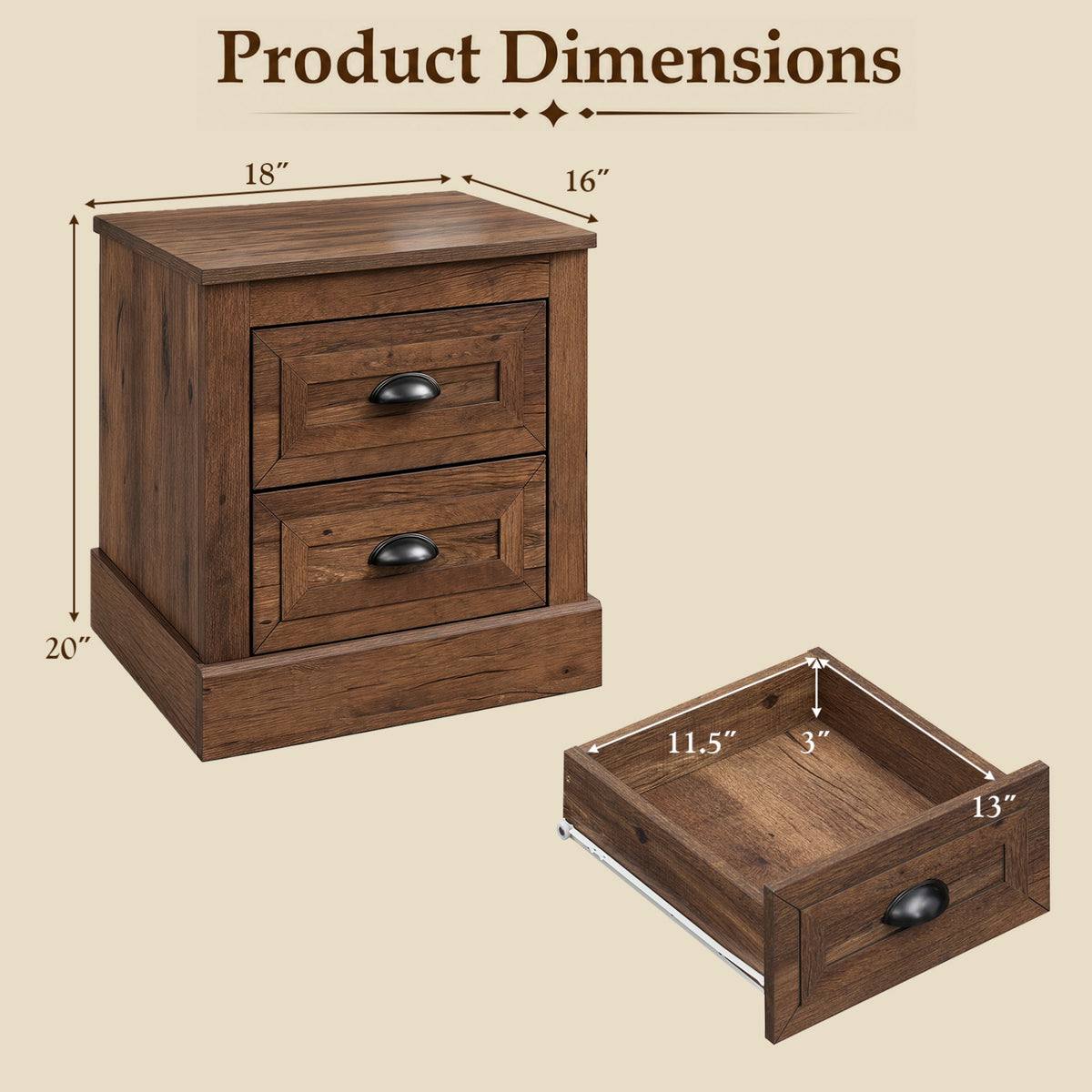 Set of 2 Farmhouse Nightstand with 2 Drawers & Storage for Living Room Bedroom-Brown