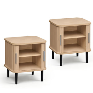 Set of 2 Fluted Nightstand with Sliding Doors and Adjustable Shelf for Small Spaces-Natural