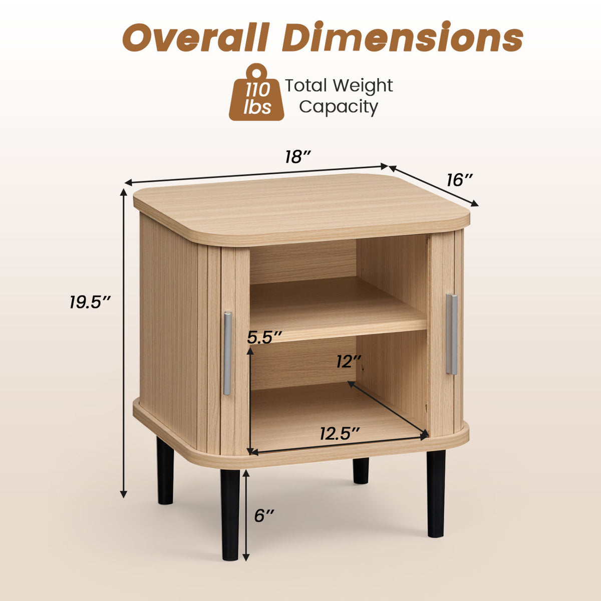 Set of 2 Fluted Nightstand with Sliding Doors and Adjustable Shelf for Small Spaces-Natural