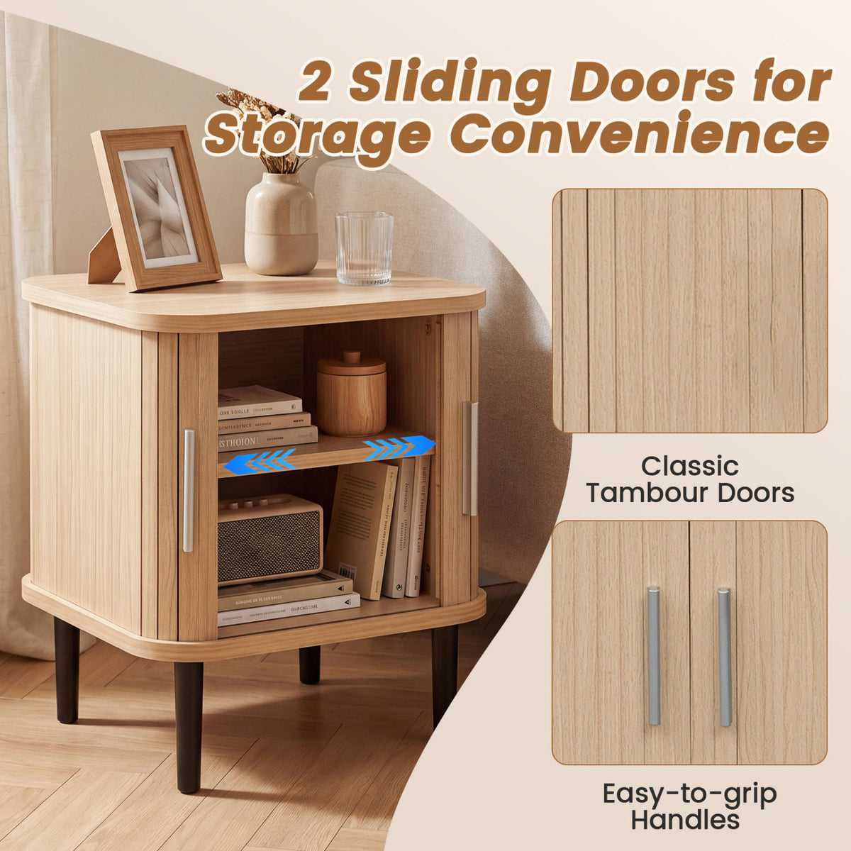 Set of 2 Fluted Nightstand with Sliding Doors and Adjustable Shelf for Small Spaces-Natural