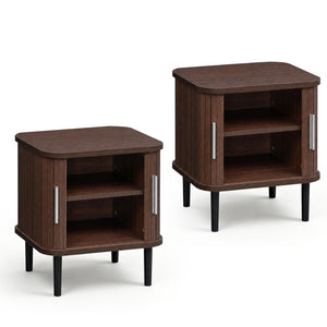 Set of 2 Fluted Nightstand with Sliding Doors and Adjustable Shelf for Small Spaces-Walnut
