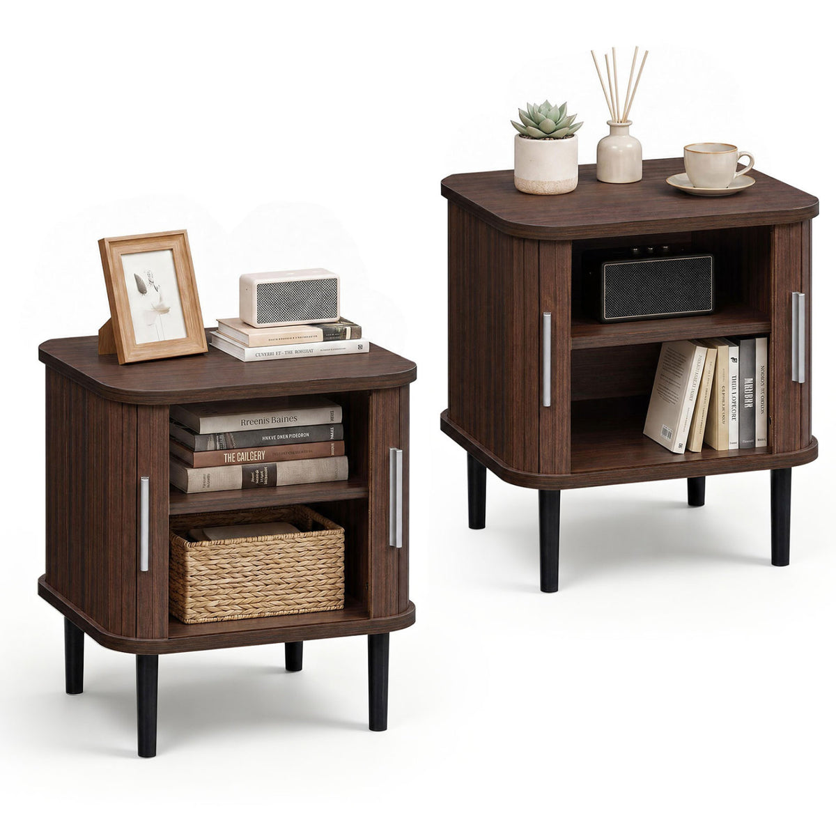 Set of 2 Fluted Nightstand with Sliding Doors and Adjustable Shelf for Small Spaces-Walnut