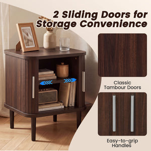 Set of 2 Fluted Nightstand with Sliding Doors and Adjustable Shelf for Small Spaces-Walnut