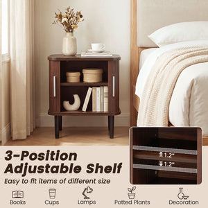 Set of 2 Fluted Nightstand with Sliding Doors and Adjustable Shelf for Small Spaces-Walnut