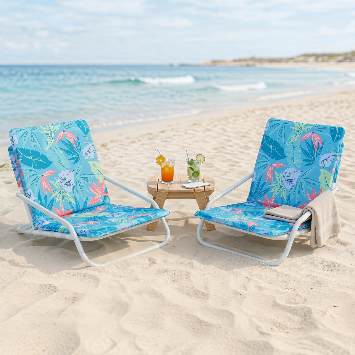 Set of 2 Folding Beach Chairs with Sponge Padded Seat for Camping-Navy