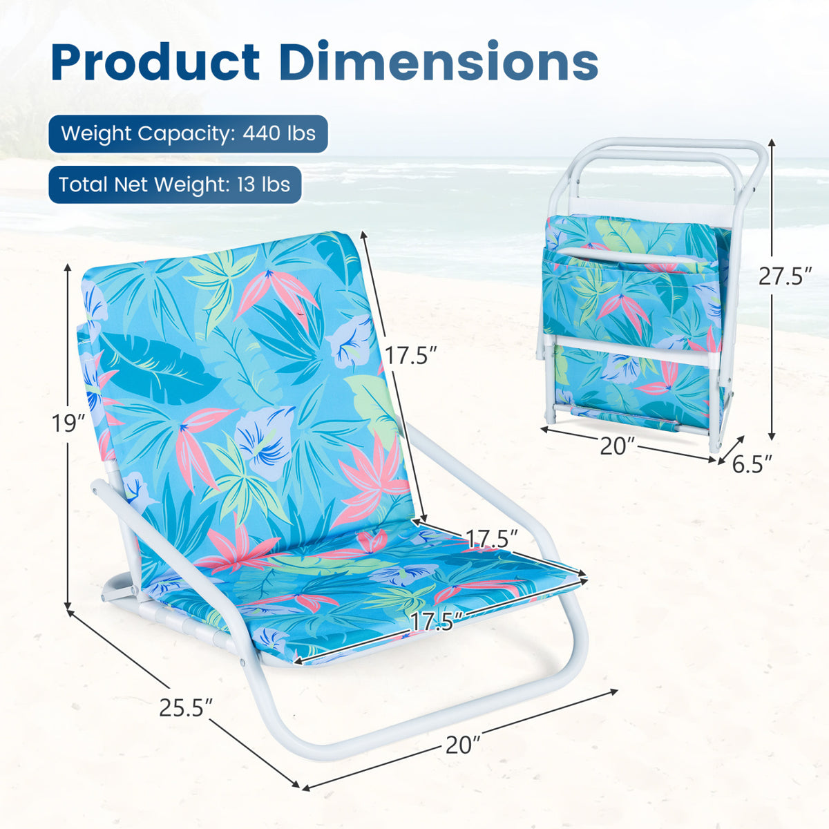 Set of 2 Folding Beach Chairs with Sponge Padded Seat for Camping-Navy