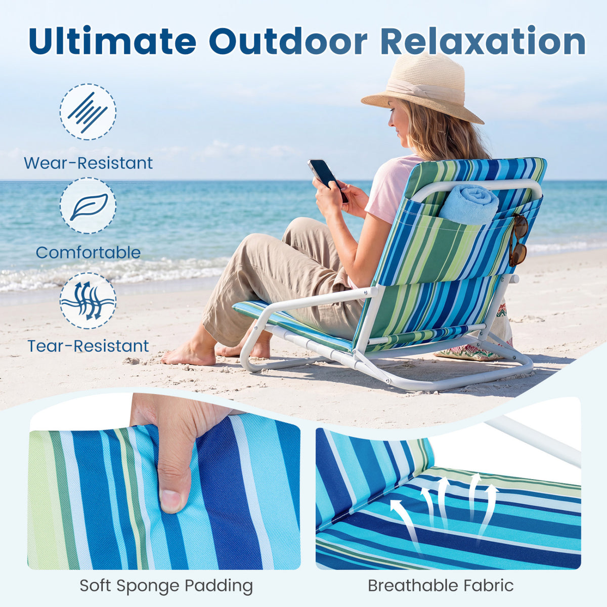 Set of 2 Folding Beach Chairs with Sponge Padded Seat for Camping-Color
