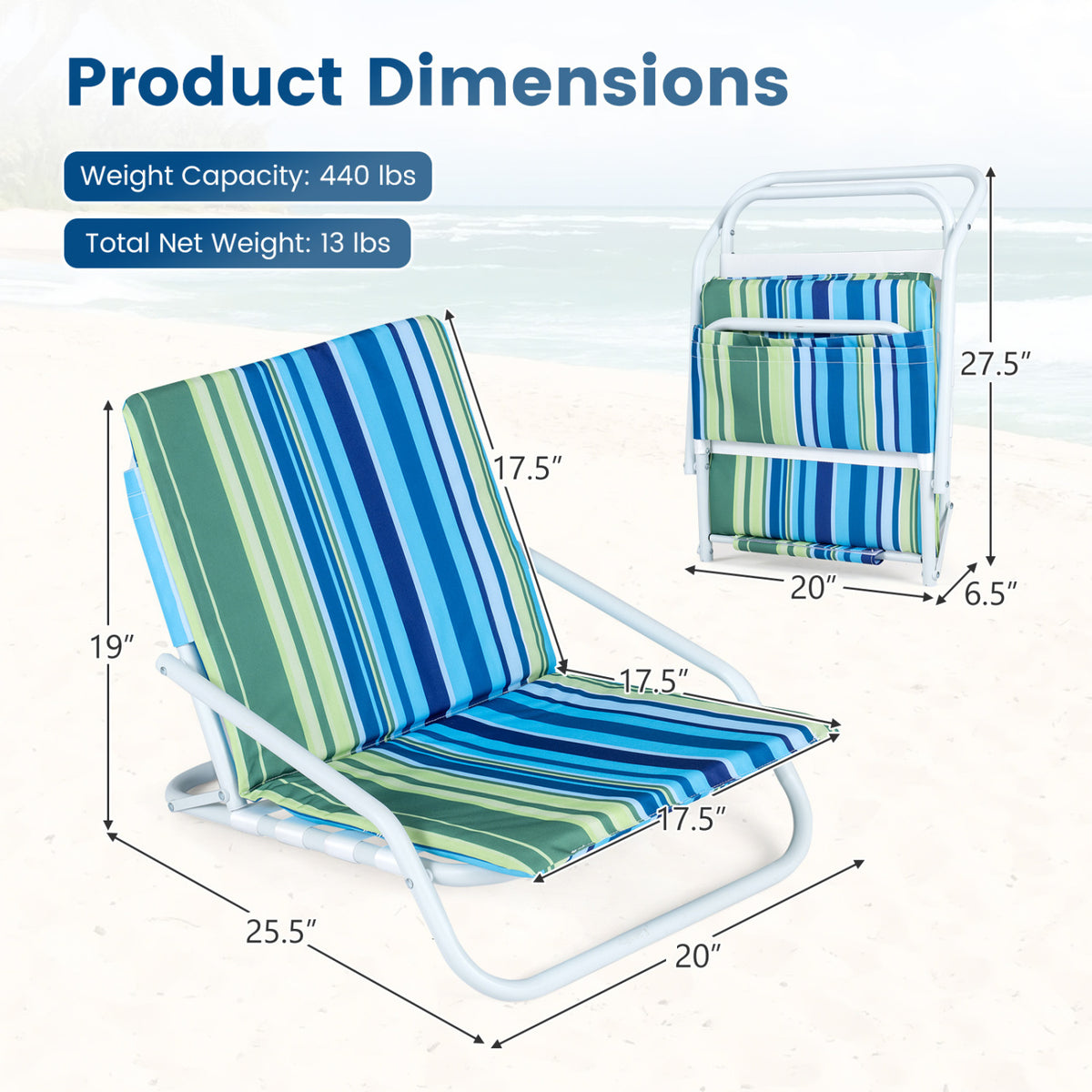 Set of 2 Folding Beach Chairs with Sponge Padded Seat for Camping-Color