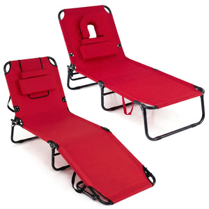 Set of 2 Folding Face Down Tanning Chair with Face Hole 3 Removable Pillows-Red