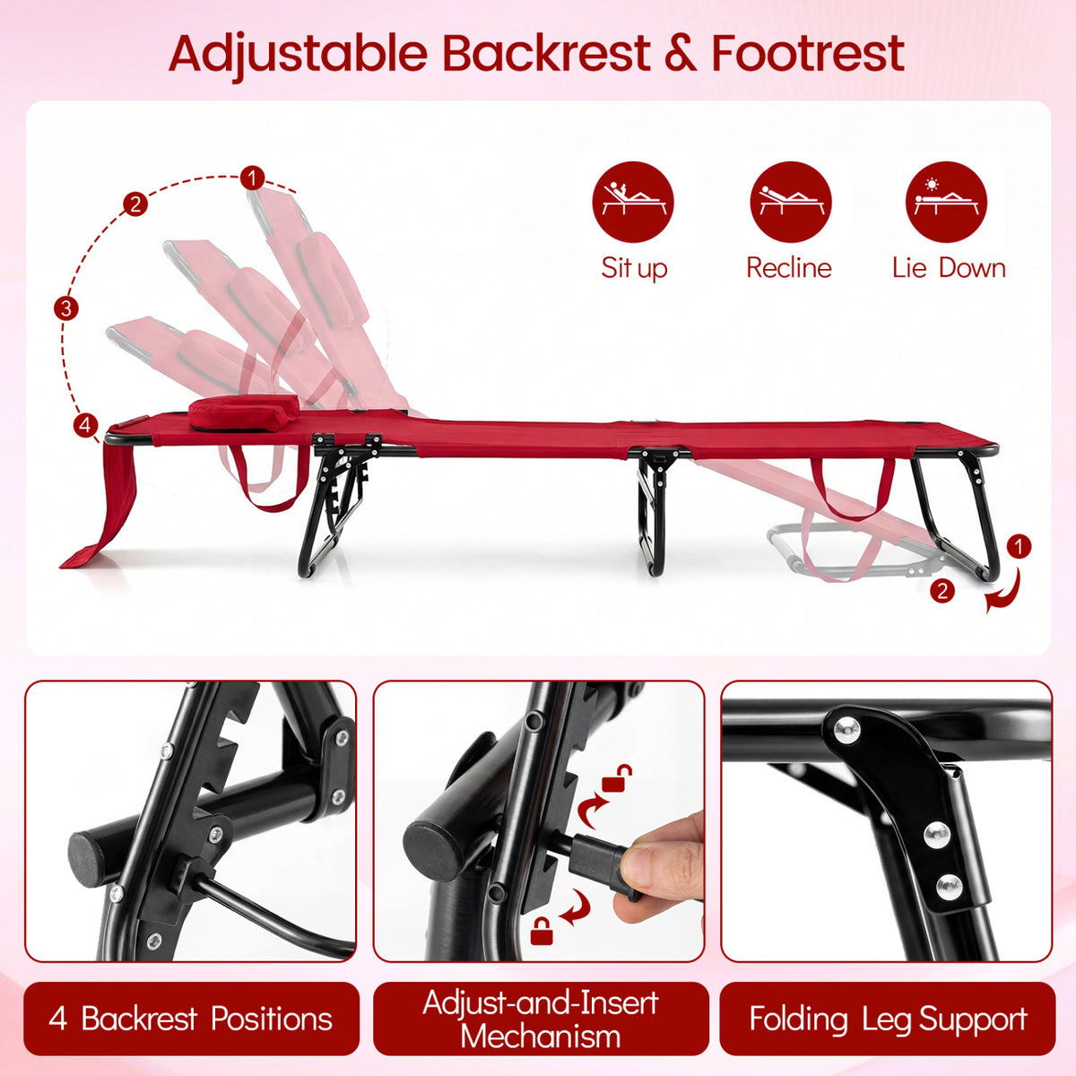 Set of 2 Folding Face Down Tanning Chair with Face Hole 3 Removable Pillows-Red