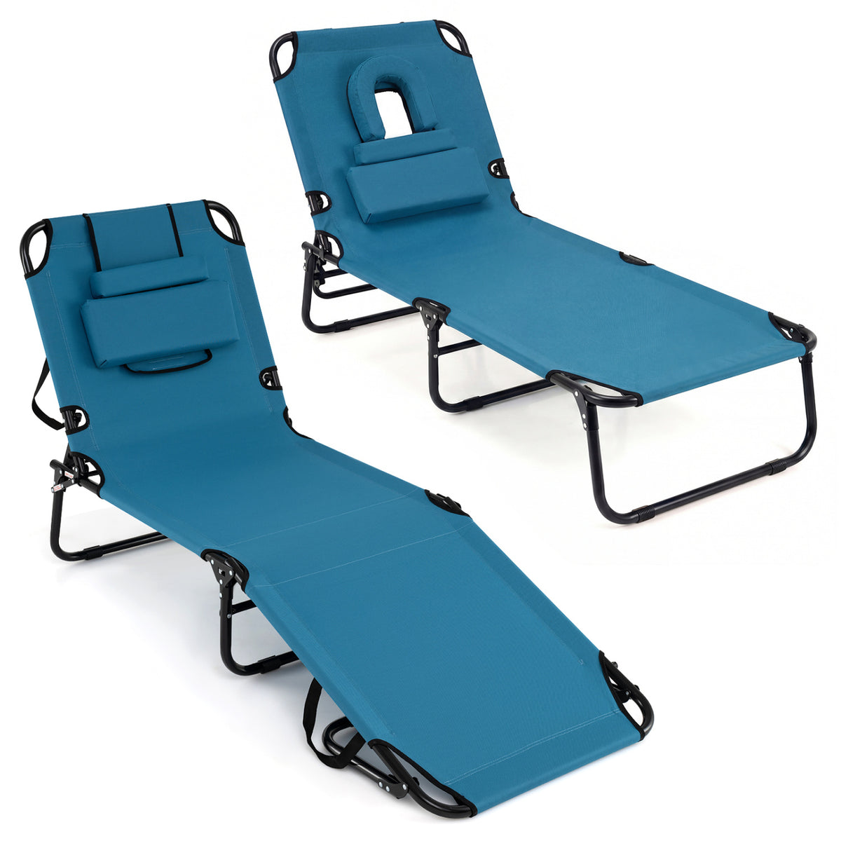 Set of 2 Folding Face Down Tanning Chair with Face Hole 3 Removable Pillows-Blue