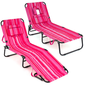 Set of 2 Folding Face Down Tanning Chair with Face Hole 3 Removable Pillows-Pink Stripe