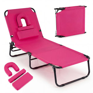 Set of 2 Folding Face Down Tanning Chair with Face Hole 3 Removable Pillows-Pink